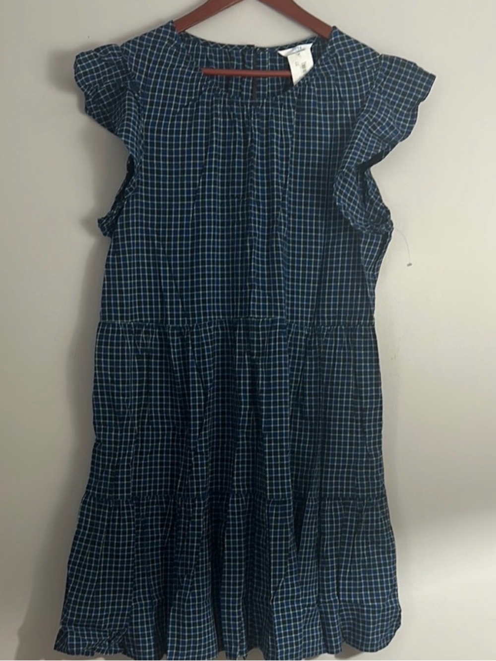 Time and Tru Women's Tiered Dress with Flutter Sleeves Navy Plaid XL